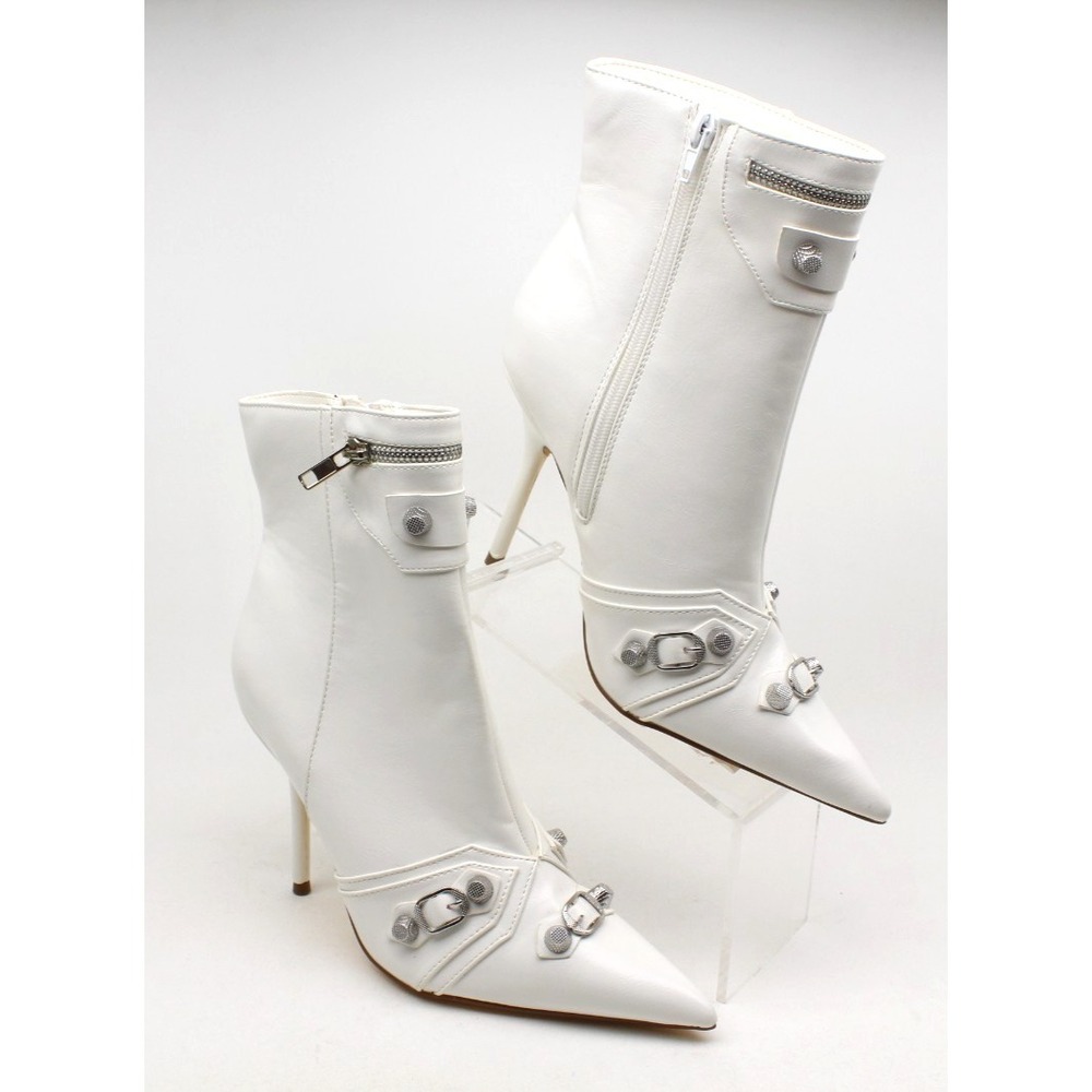 Liliana White Vegan Faux‎ Leather Studded Ankle Boots Pointed Toe Women Size 8 M